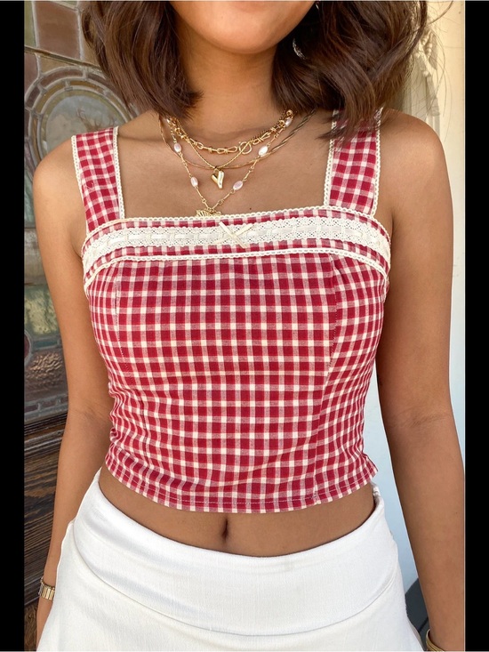 Reformation Tops - Reformation Red Gingham Lace-Trim Square Neck Crop Top